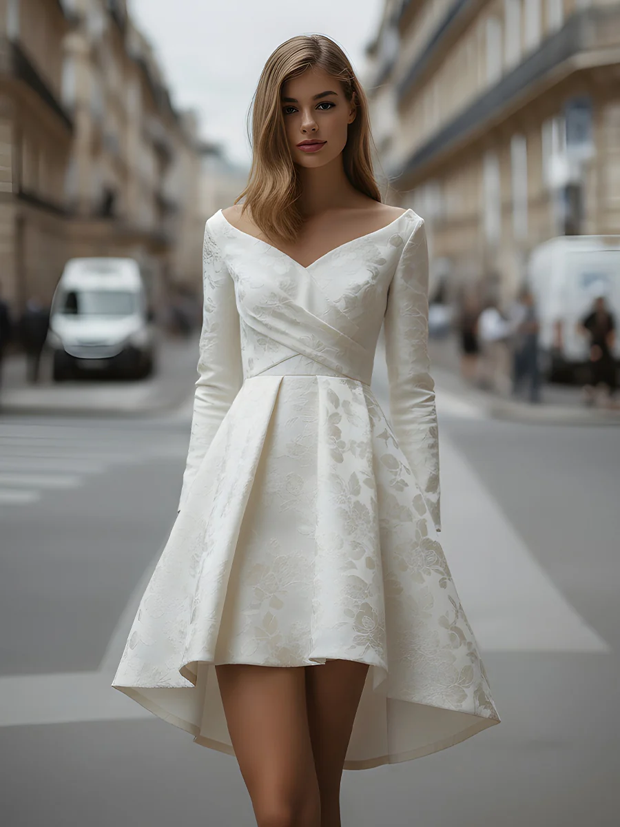 Off-Shoulder Floral Jacquard High-Low Dress