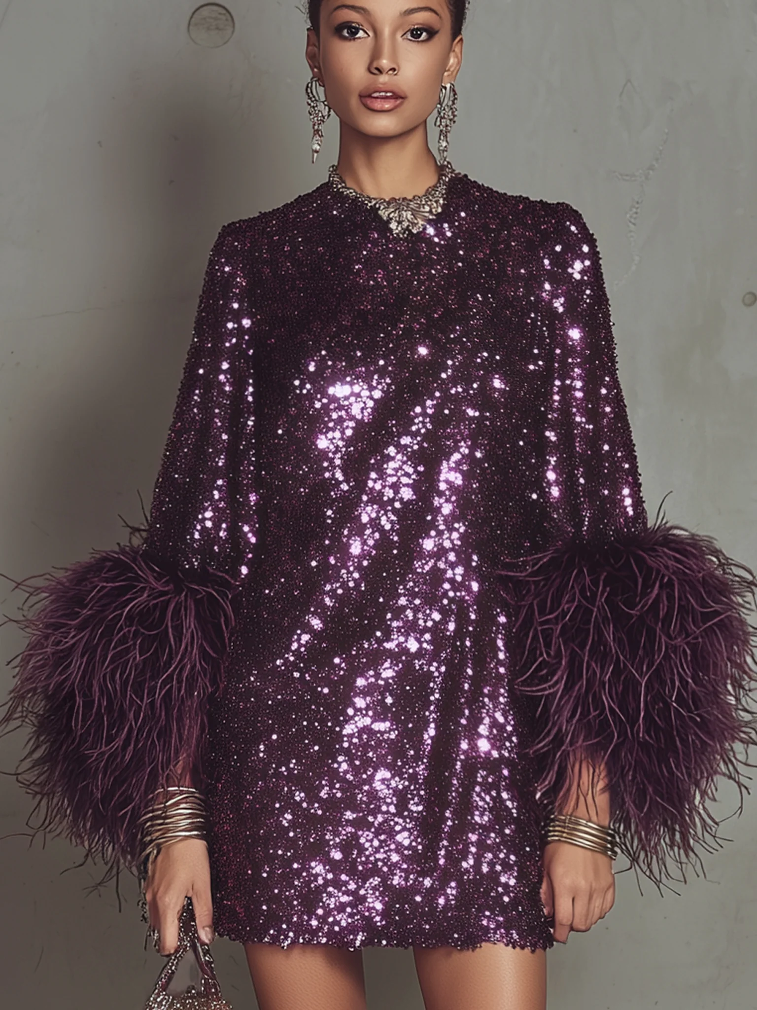 Purple Sequin Long Sleeve Mini Dress With Feather Cuffs
