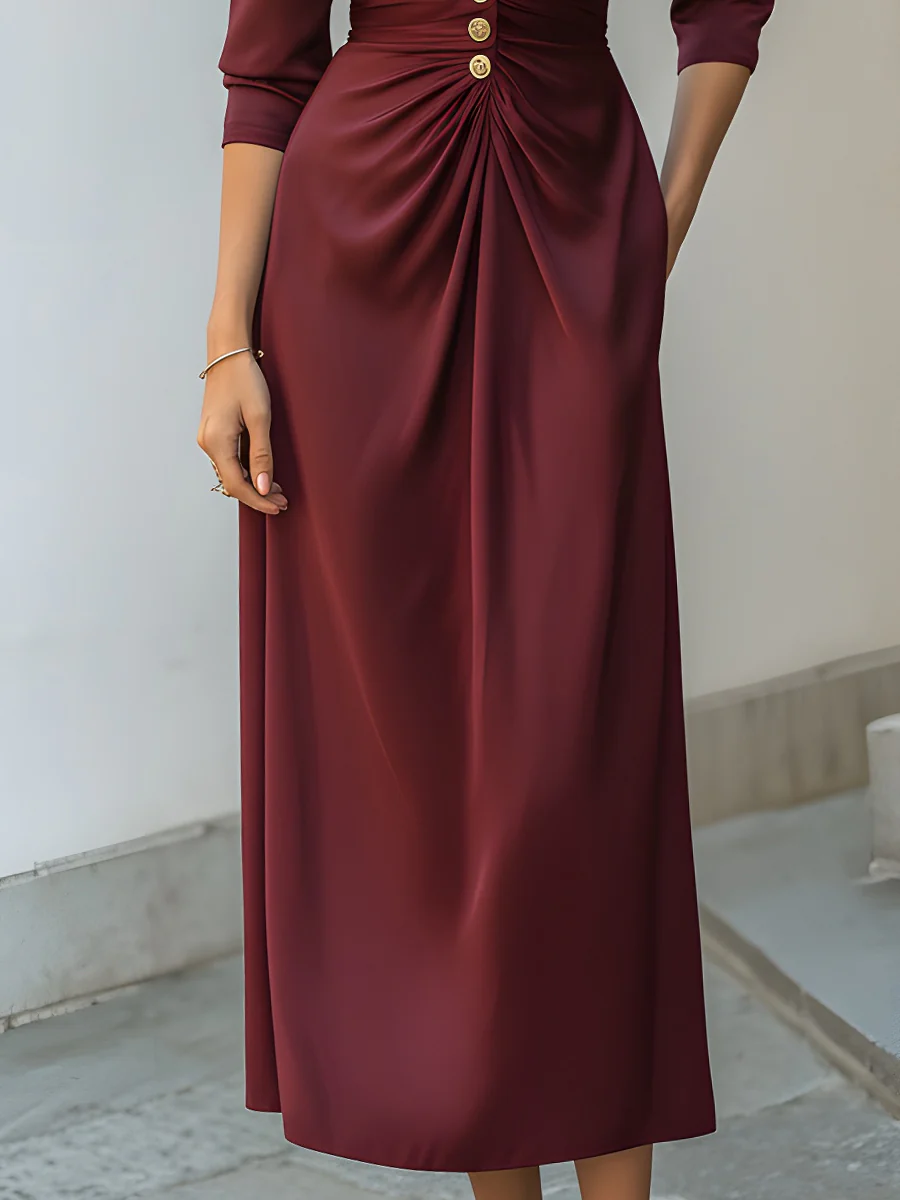 Burgundy Satin Buttoned Midi Dress