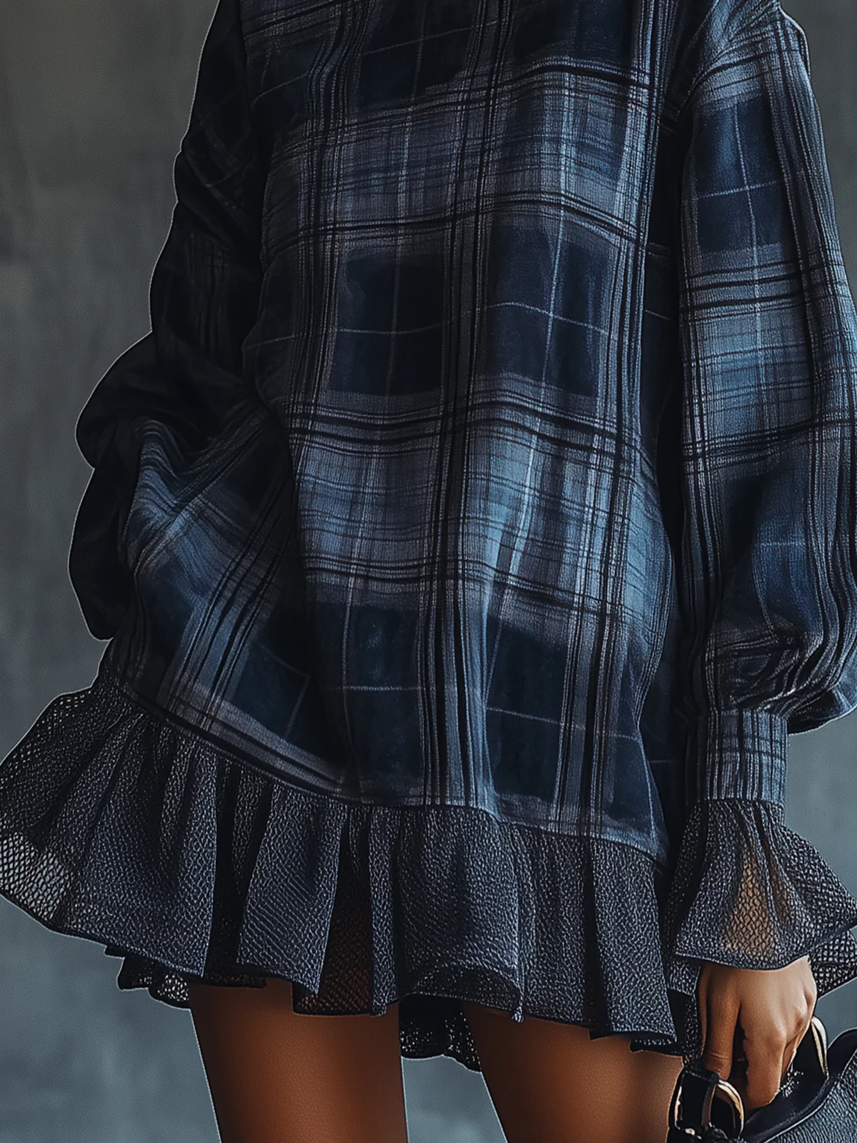 Midnight Plaid Ruffle Hem Turtleneck Dress