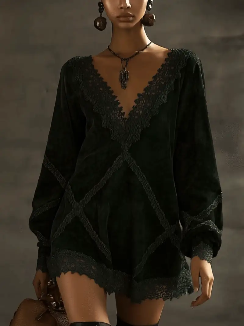 Emerald Green Faux Suede Mini Dress With Lace