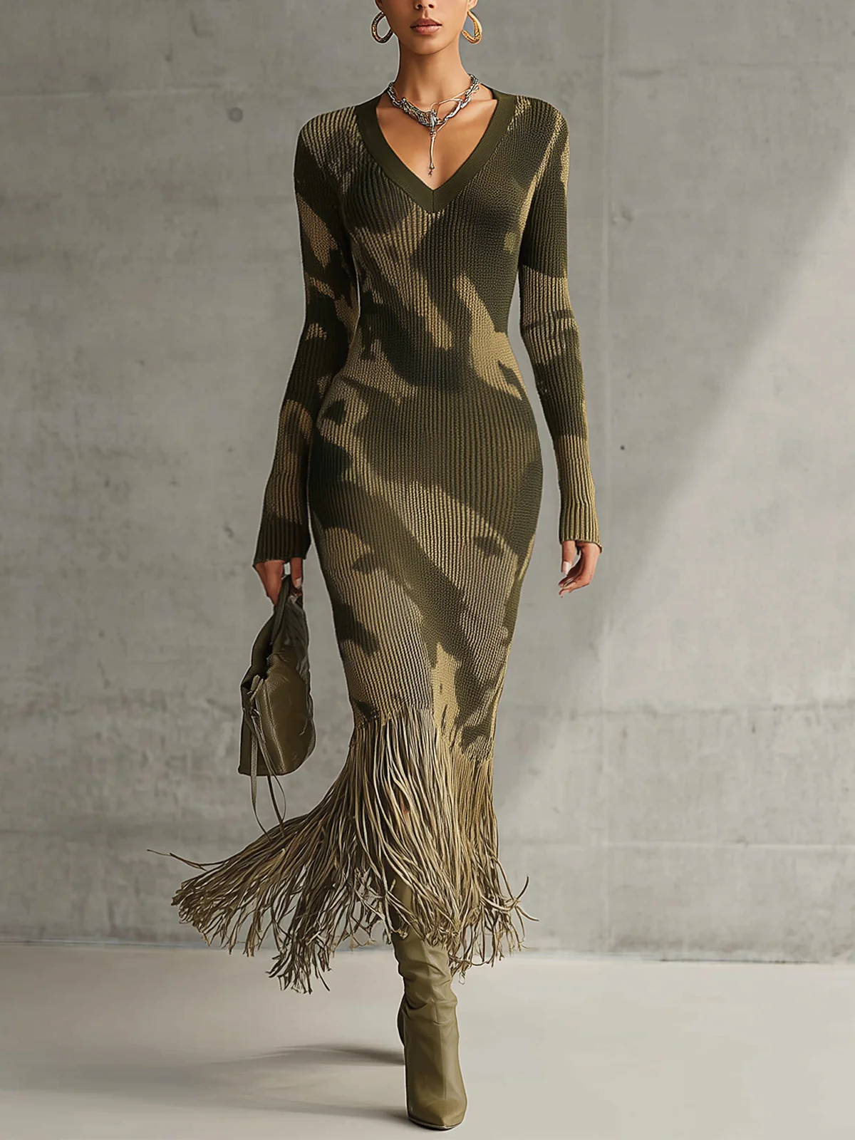 Olive Camo Knit V-Neck Fringe Hem Bodycon Dress