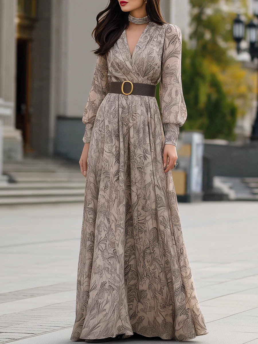 Floral Printed Long Sleeve Maxi Dress With Belt