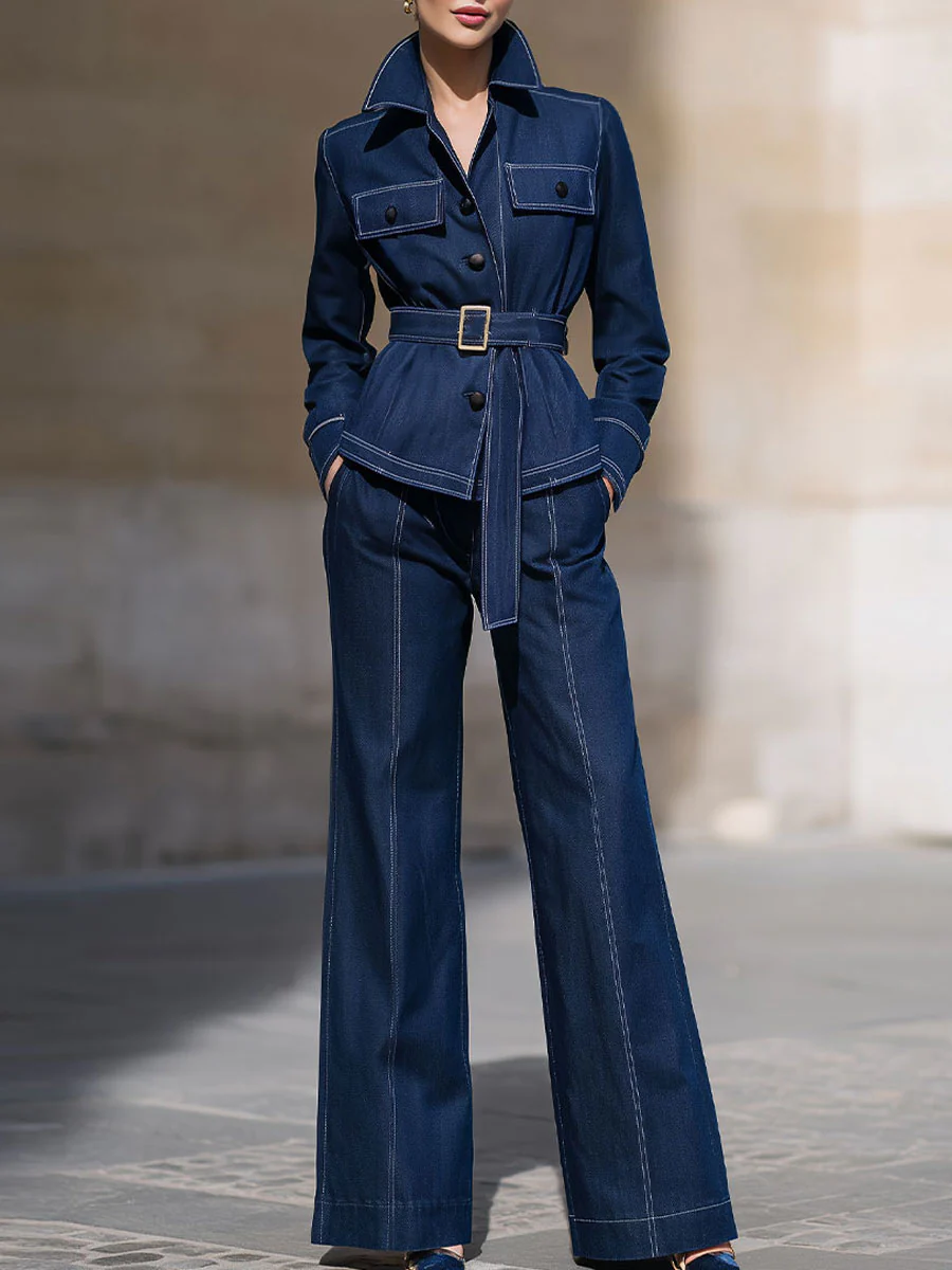 Mooyius Presents: Elegant Contrast-Stitch Denim Belted Suit Set For Modern Sophistication