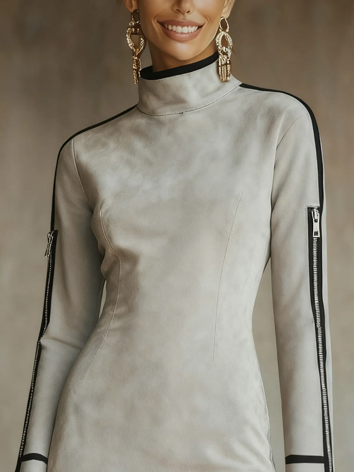 Gray Faux Suede Mock Neck Mini Dress With Zip Sleeve Detail