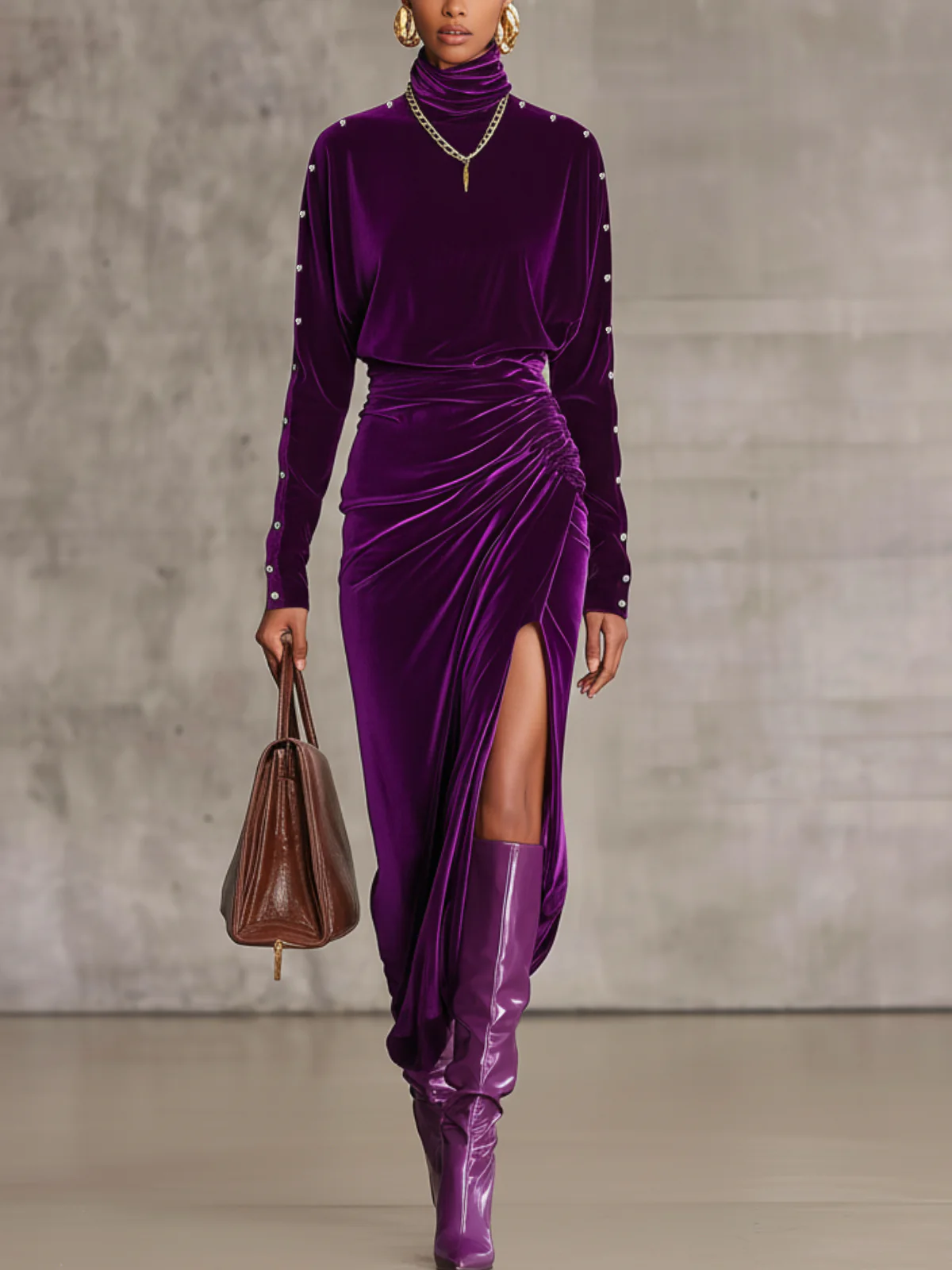 Purple Velvet High-Neck Ruched Maxi Dress