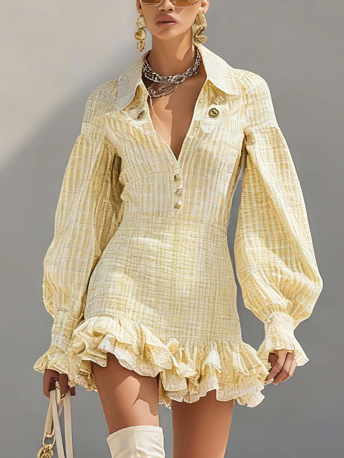 Light Yellow Polyester Puff Sleeve Mini Long Sleeved Dress