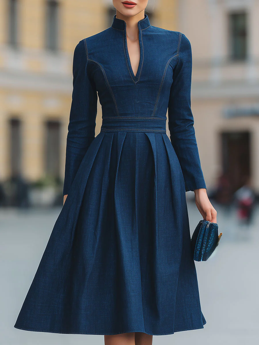 Elegant Mock Denim Dress With Flared Skirt