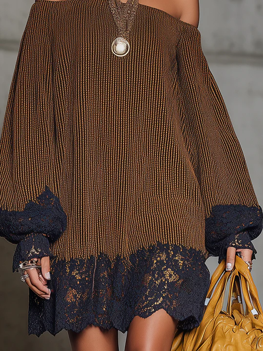 Brown Off-Shoulder Mini Dress With Navy Lace Trim And Balloon Sleeves