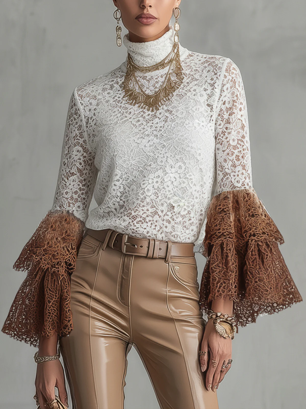 White Lace Turtleneck Blouse With Brown Flared Sleeves