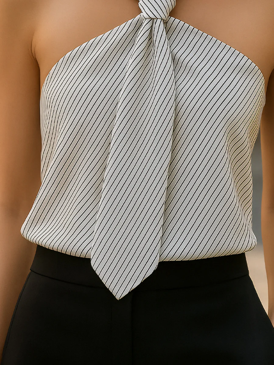 Striped Halter-Neck Knot Front Blouse
