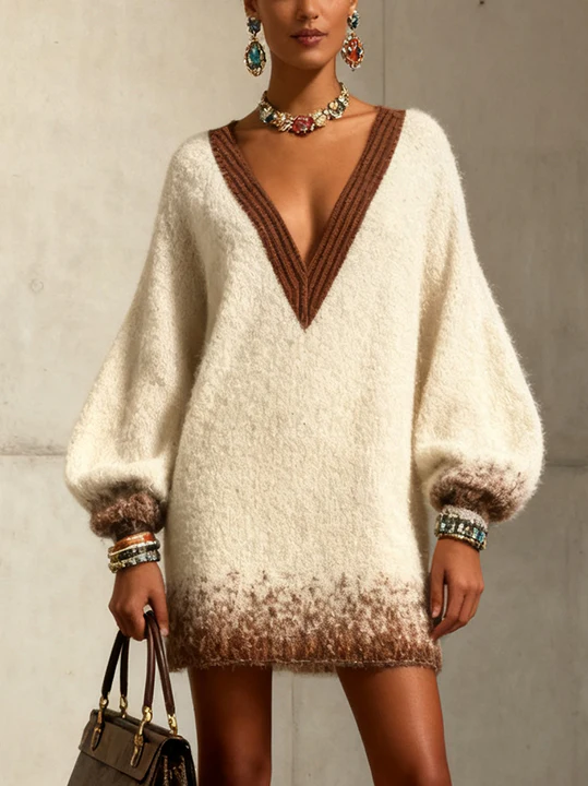 White And Brown Knit Sweater Dress With Balloon Sleeves
