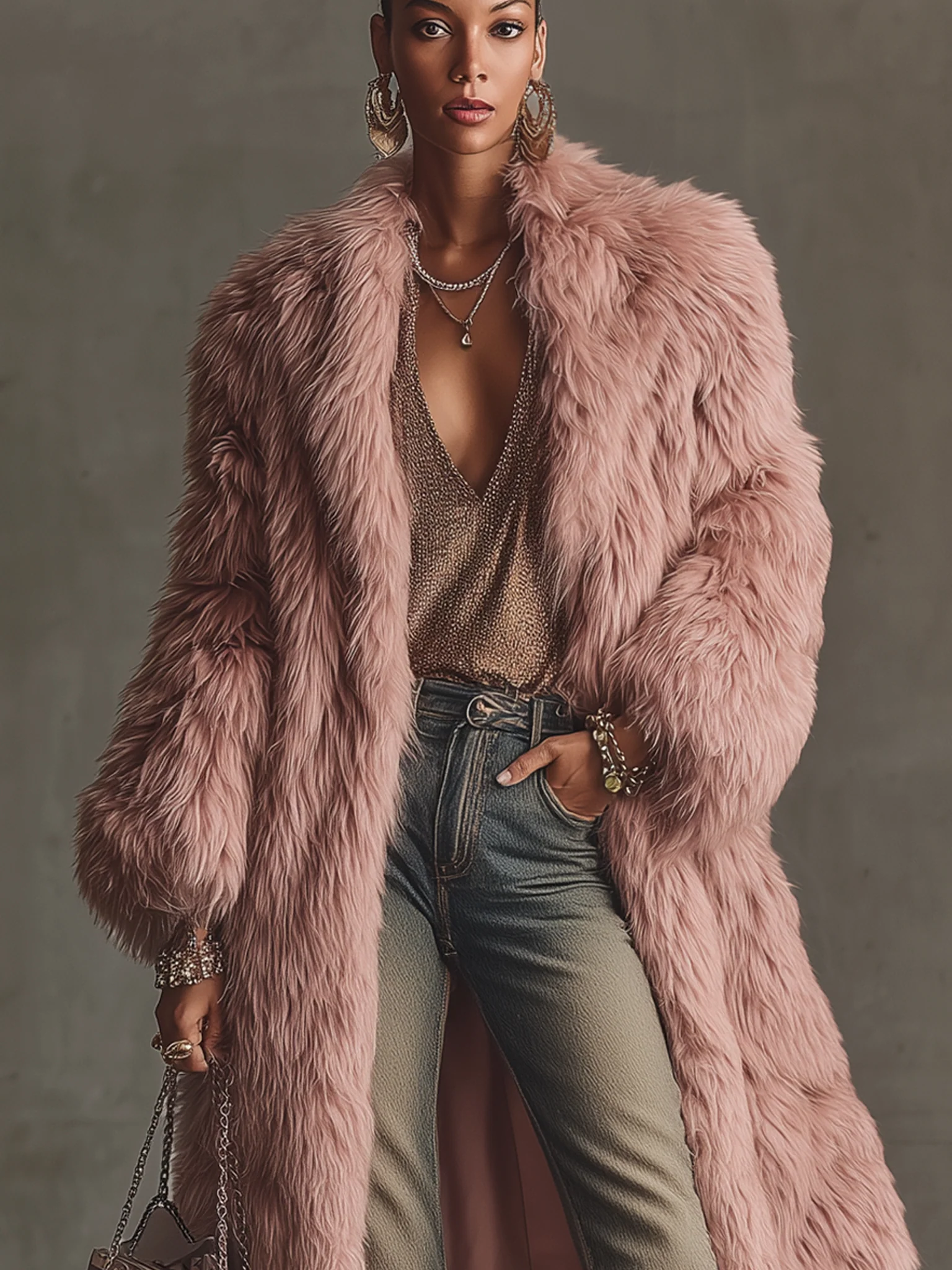 Pink Faux Shearling Eco Friendly Long Coat
