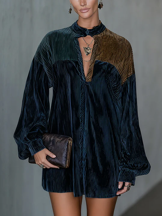 Colorblock Velvet Mini Shirt Dress In Deep Navy And Olive