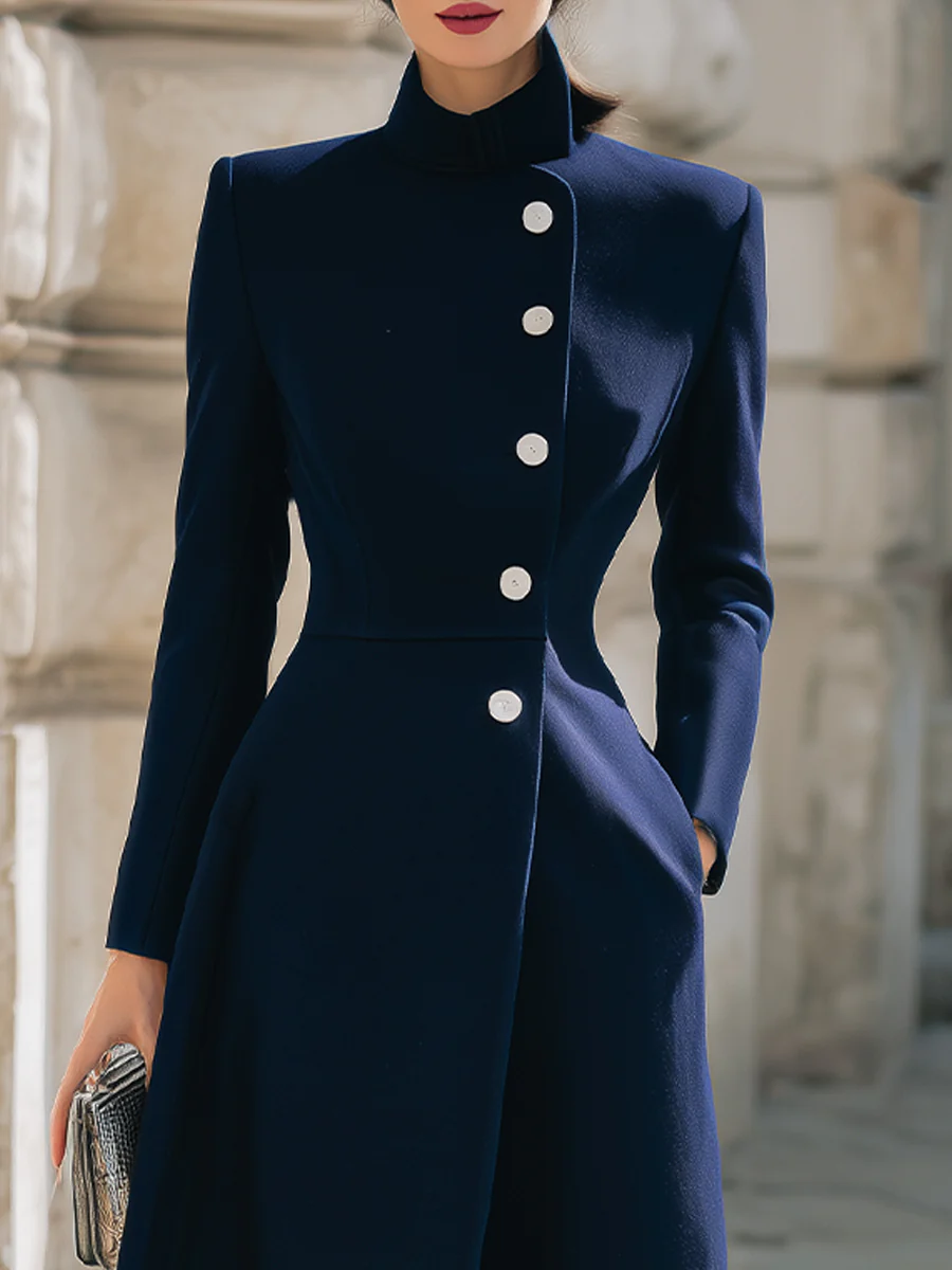 Elegant Navy Stand - Collar Maxi Coat