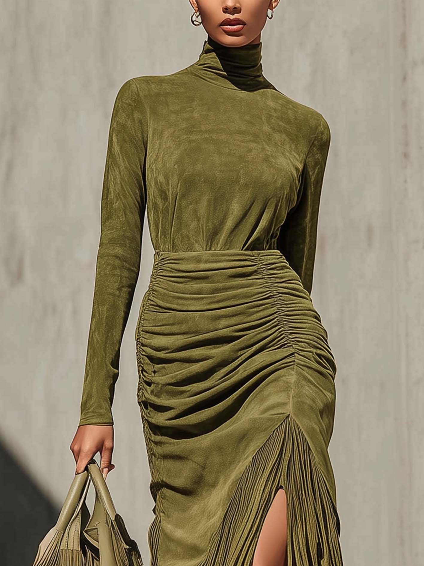 Olive Green Faux Suede Ruched Fringe Bodycon Dress