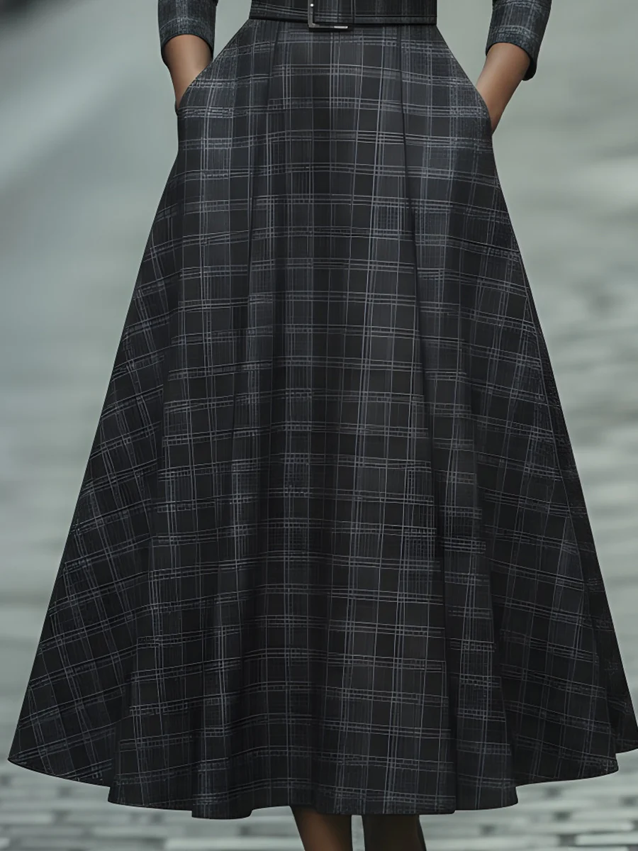 Plaid Check Belted Dress With V-Neckline
