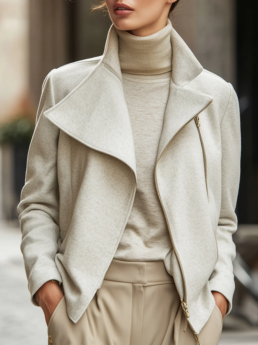 Ivory Drape-Collar Wool Blend Jacket