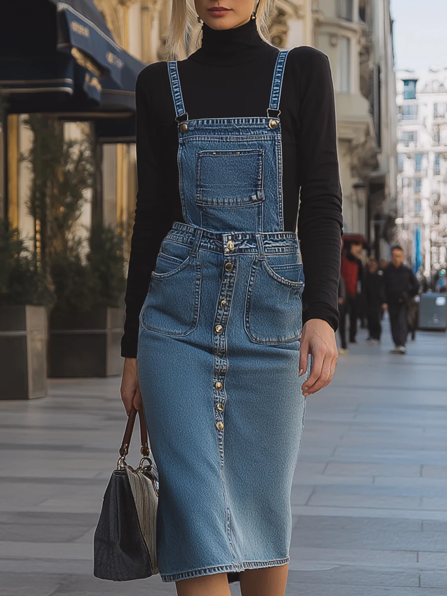 Fitted Denim Overall Pencil Dress And Black Top Sets