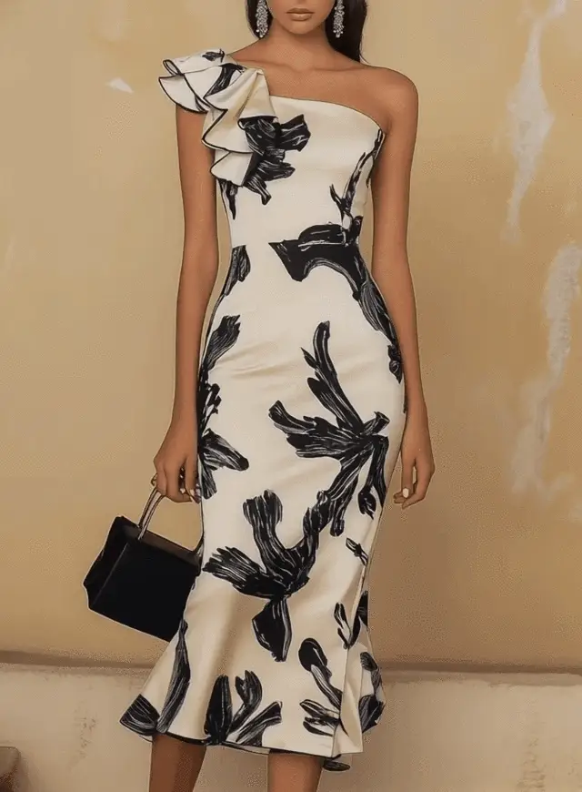24-Hour-Shipping Off Shoulder Biege Midi Bodycon Dress With Black Elegant Print