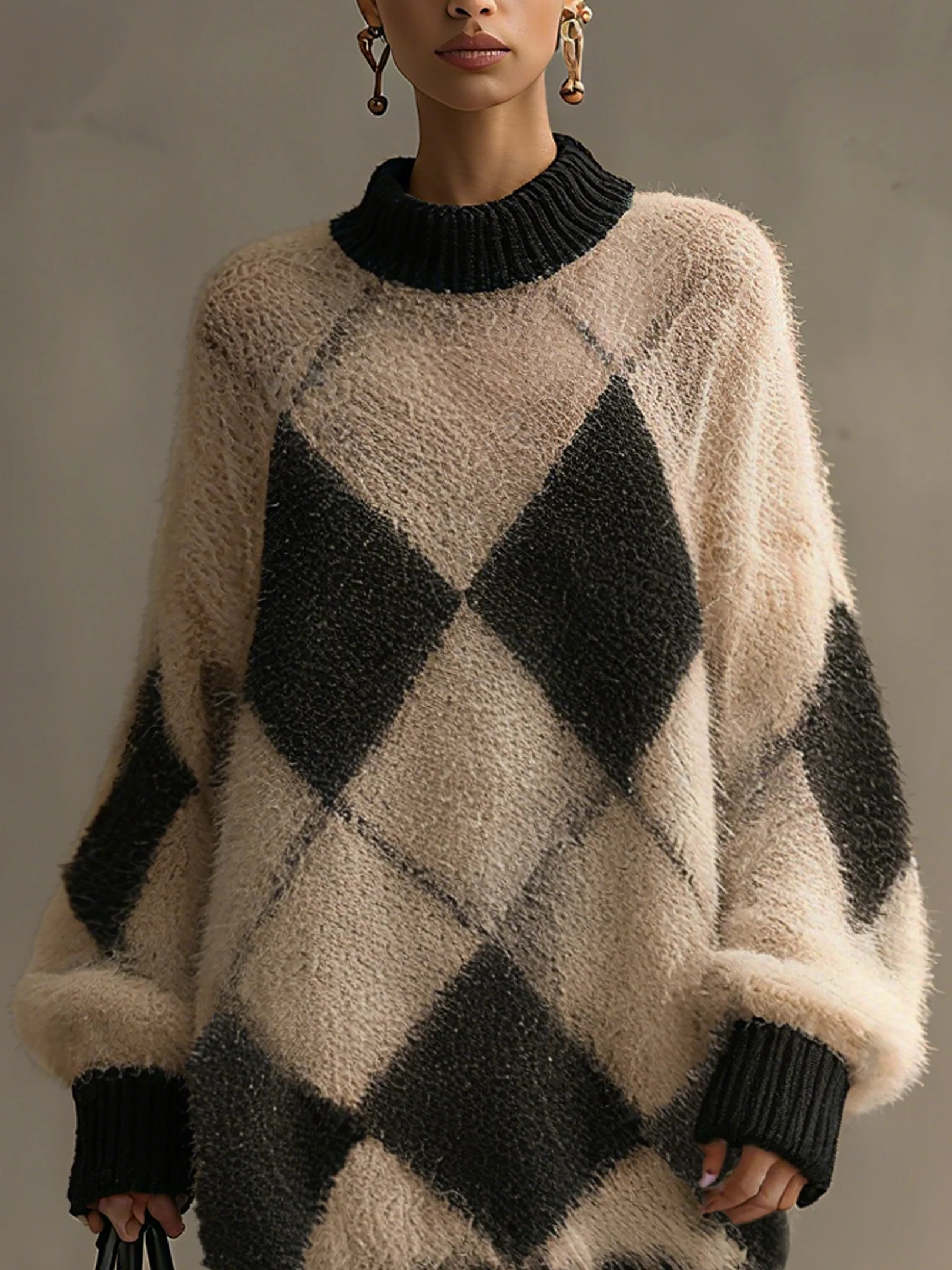 Black And Beige Soft Mohair Check Feather Long Sleeve Mini Dress