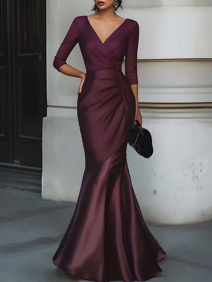 V-Neck Satin Draped Mermaid Evening Dress