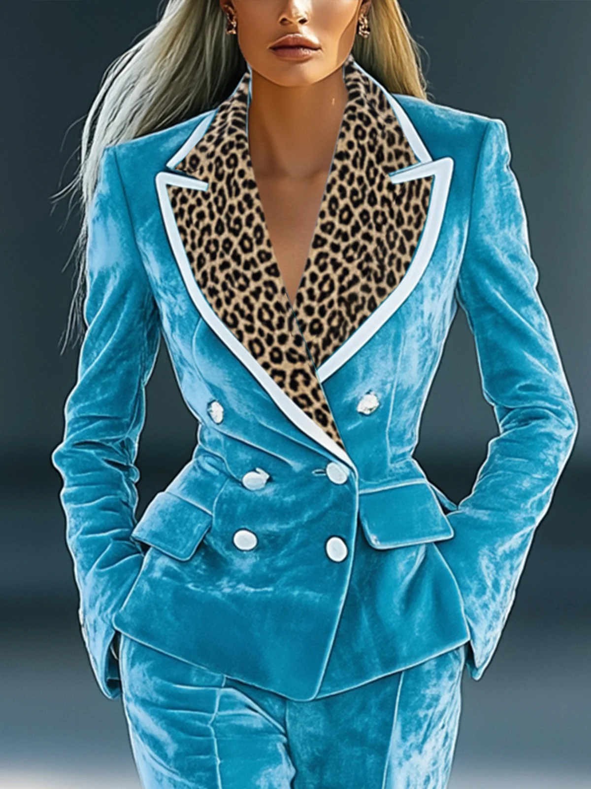 24-Hour-Shipping Stylish Blue Velvet Blazer With Leopard Print Lapel