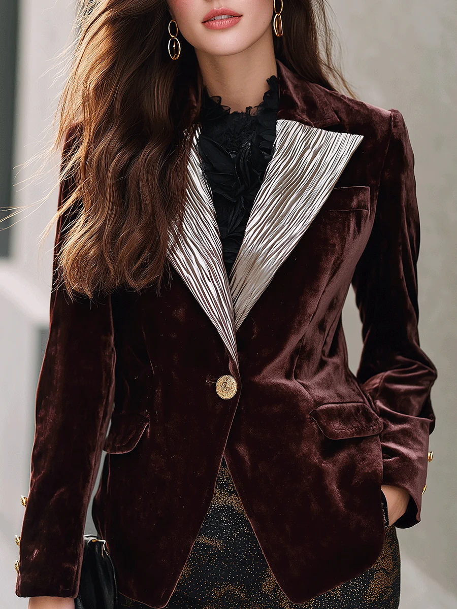 Bordeaux Velvet Blazer With Pleated Satin Lapel