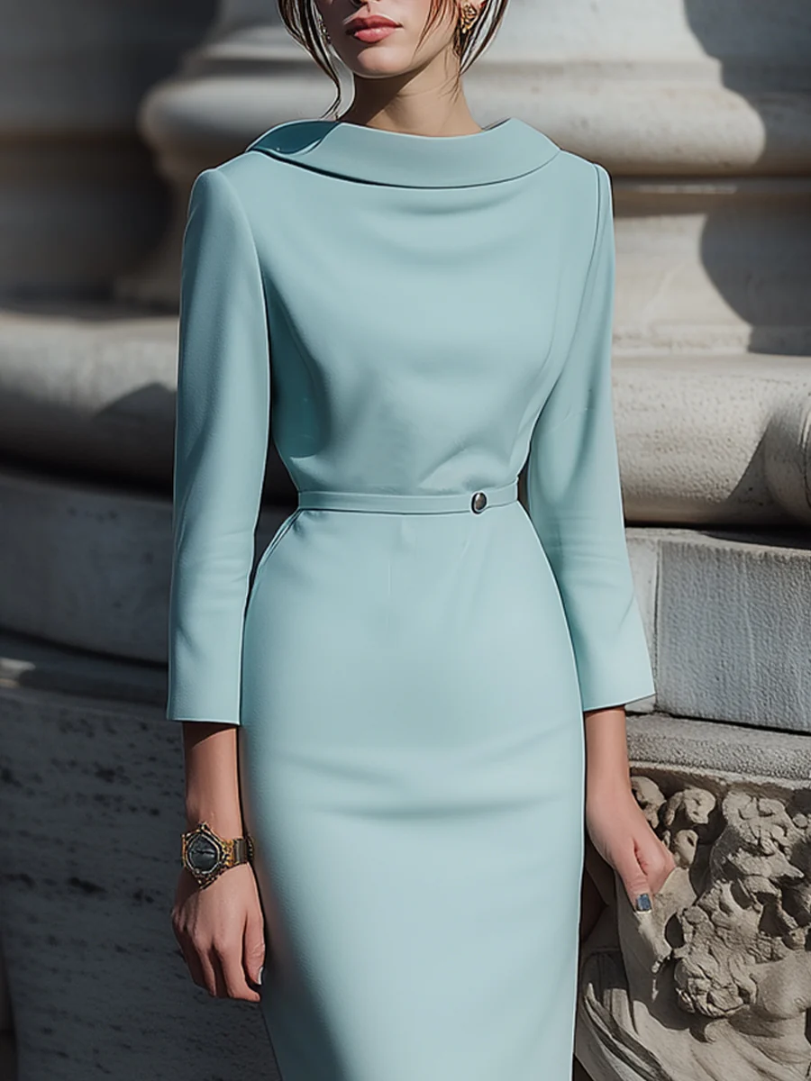 Draped Collar Pencil Midi Dress In Powder Blue