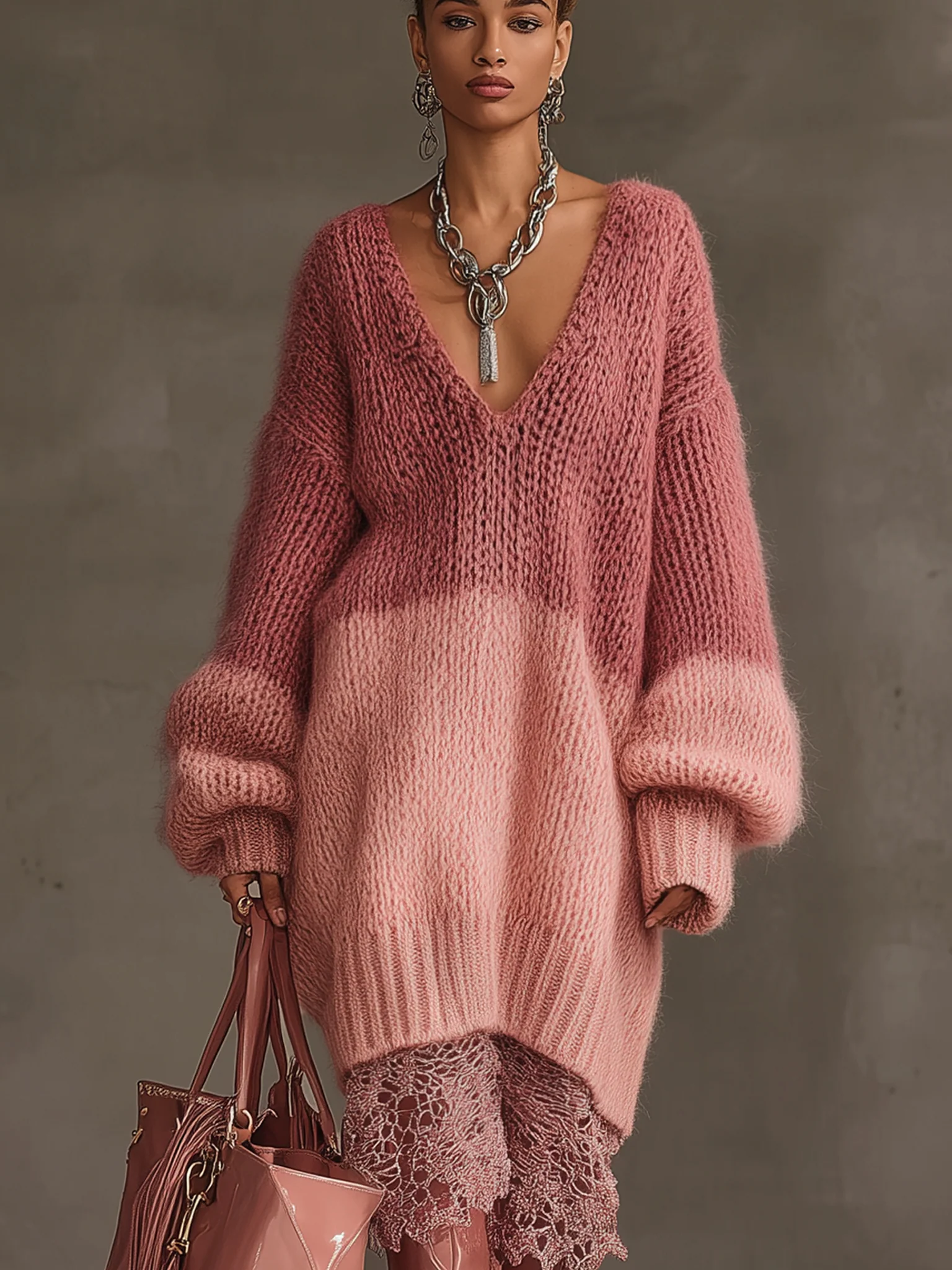 Pink Gradient Knit Long Sleeve Midi Dress With Lace Hem
