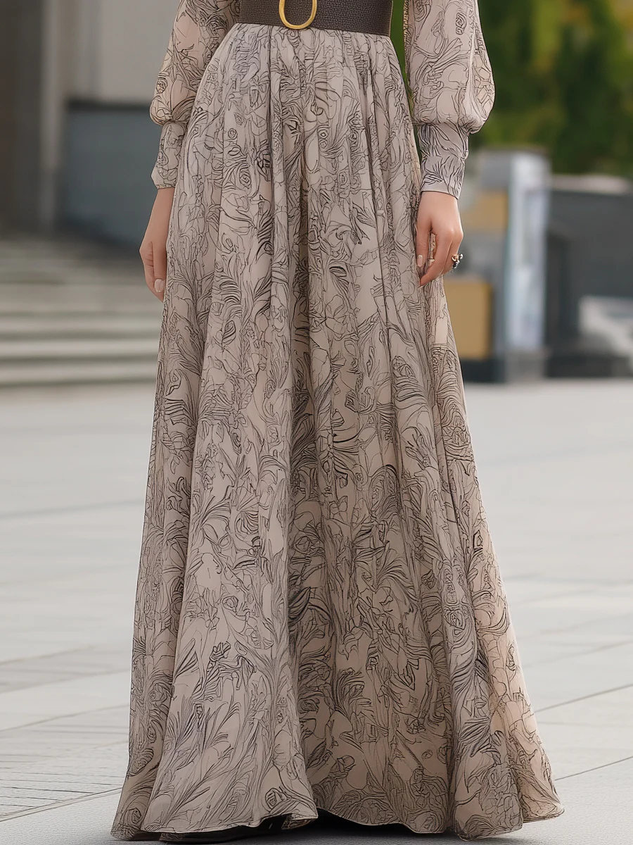 Floral Printed Long Sleeve Maxi Dress With Belt