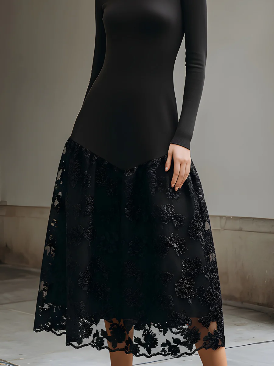 Black Knit And Lace Contrast Midi Dress