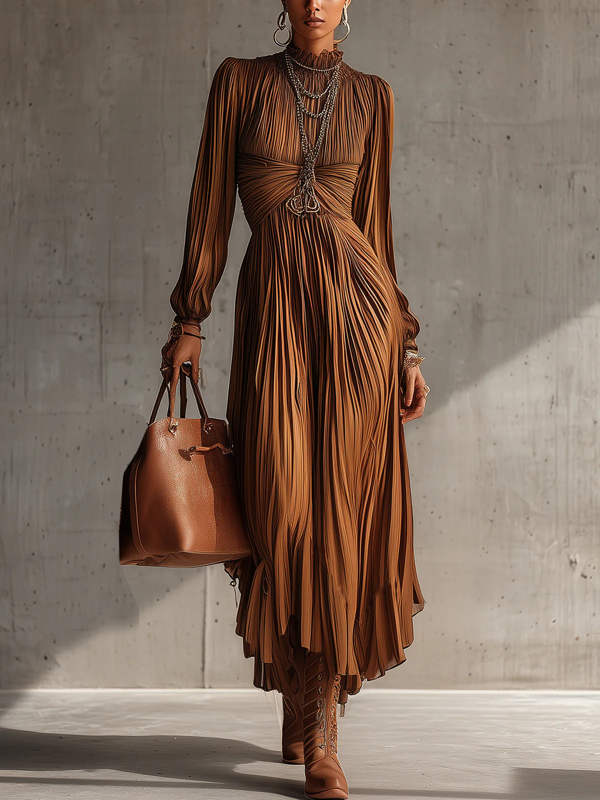 Brown Pleated High-Neck Maxi Dress With Gathered Waist