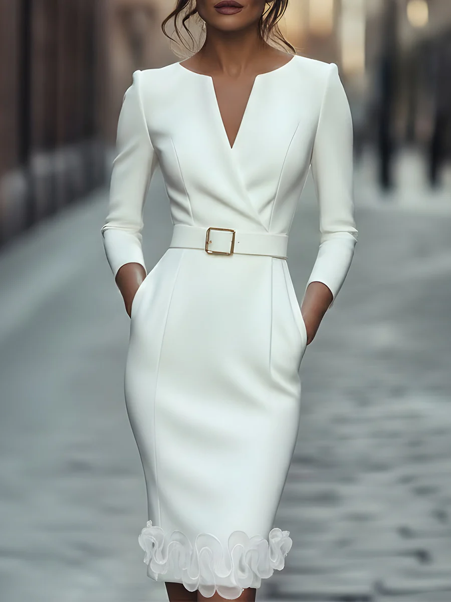 Ivory Belted Pencil Dress with Ruffle Hem