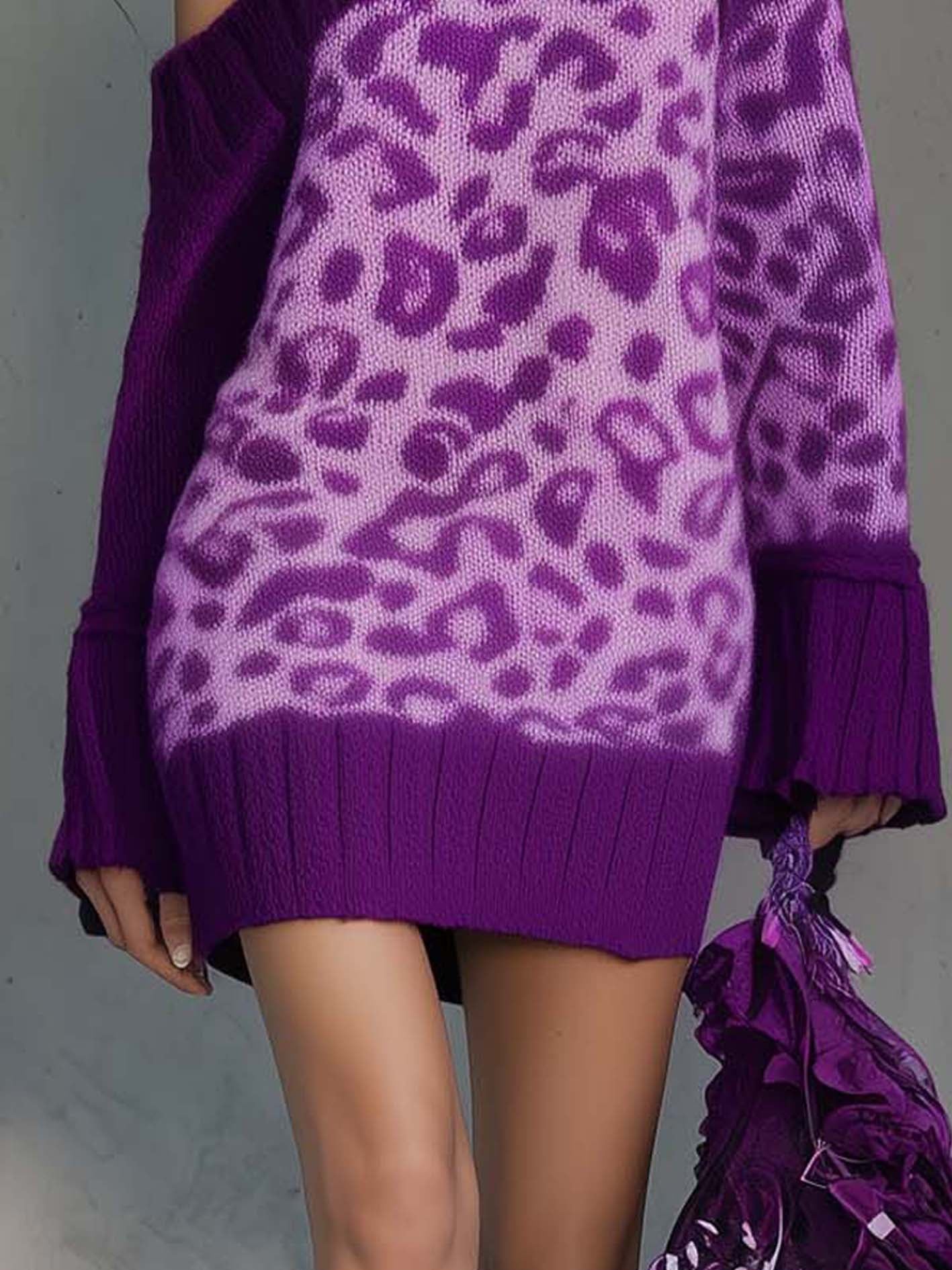 One Shoulder Purple Knit Mini Dress With Leopard Print