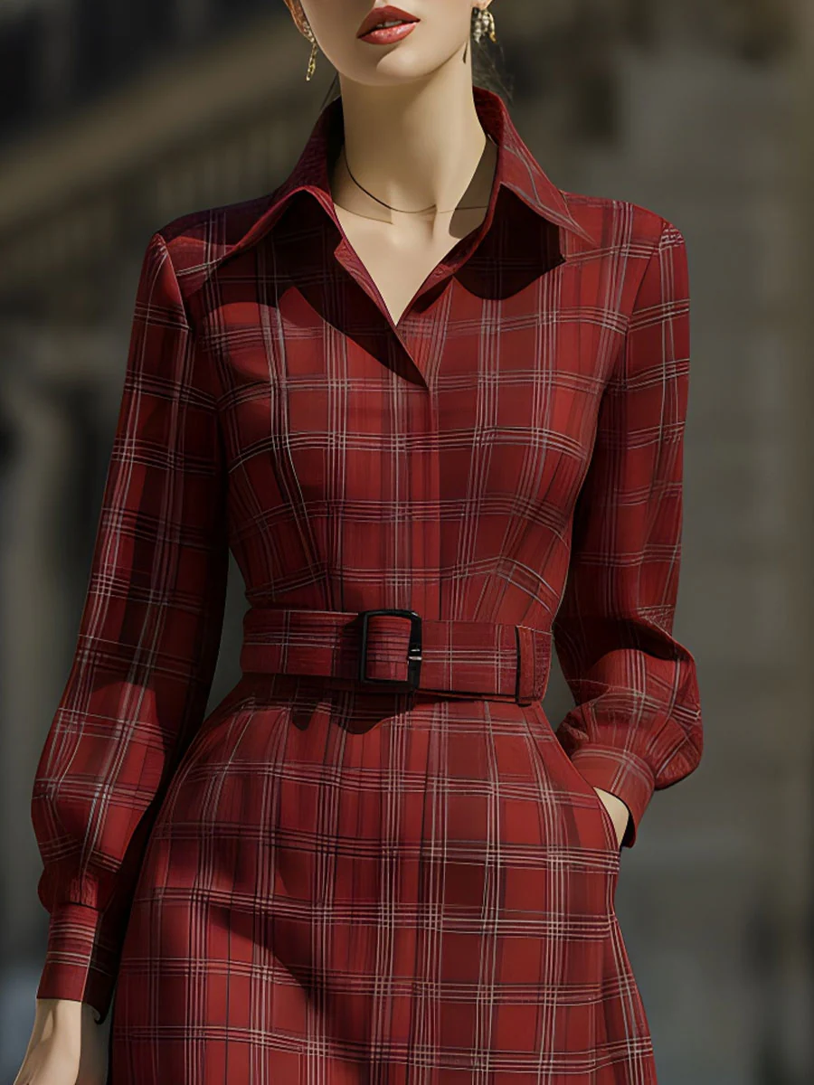 Sophisticated Red Checkered Midi Dress For Classic Style