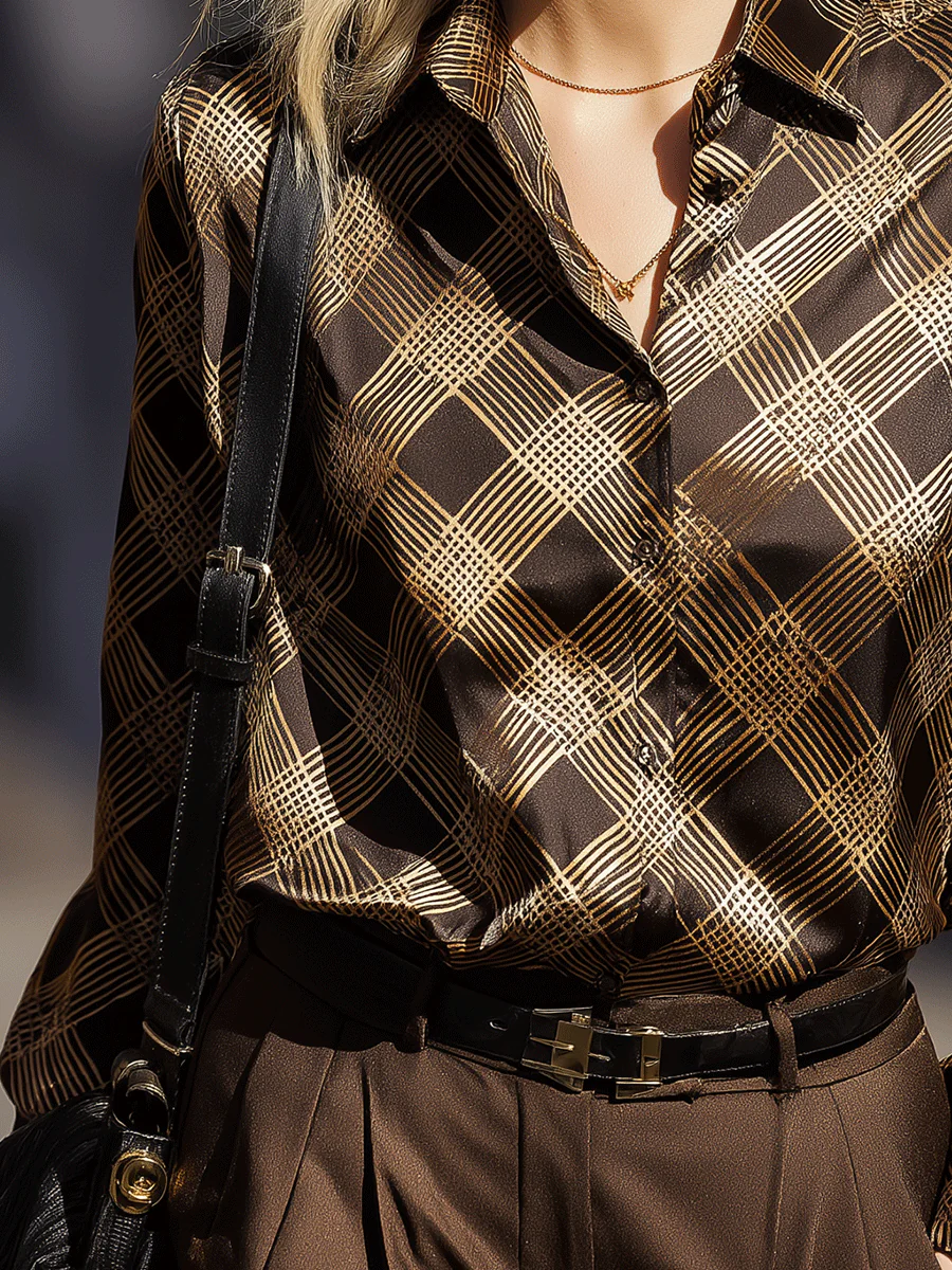 Brown And Gold Plaid Button-Down Shirt