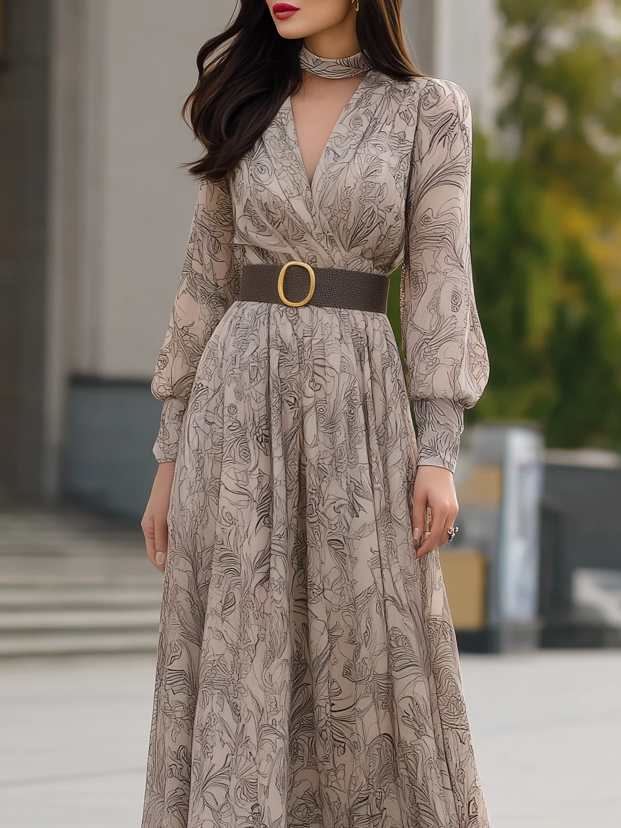 Floral Printed Long Sleeve Maxi Dress With Belt