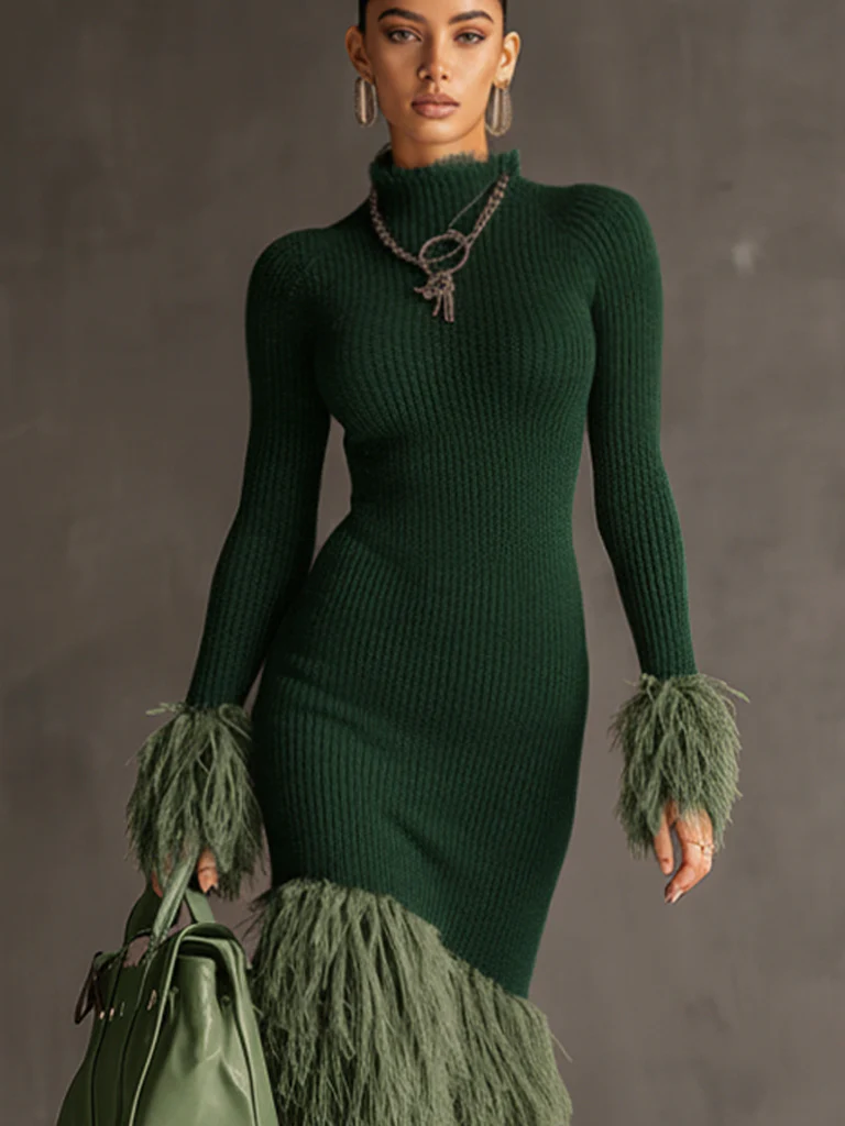 Emerald Knit Patchwork Eco Faux Fur Long Sleeve Bodycon Dress