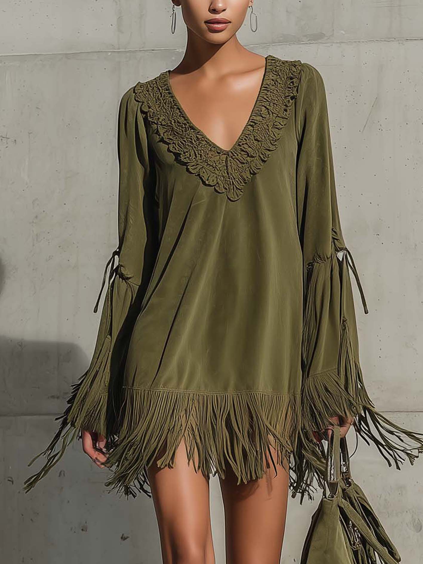Olive Green Faux Suede Lace Trim Tassel Mini Dress