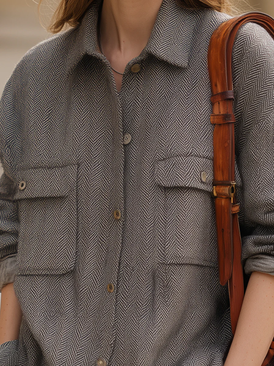 Grey Herringbone Wool Overshirt