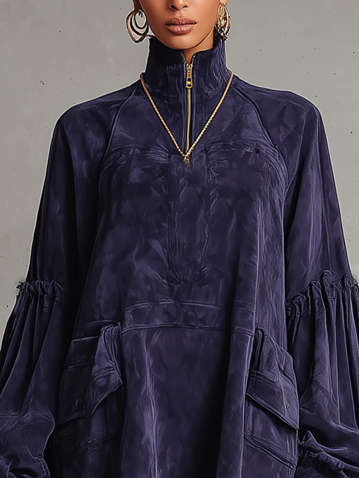 Blue Faux Suede Zip-Neck Tunic Dress With Utility Pockets