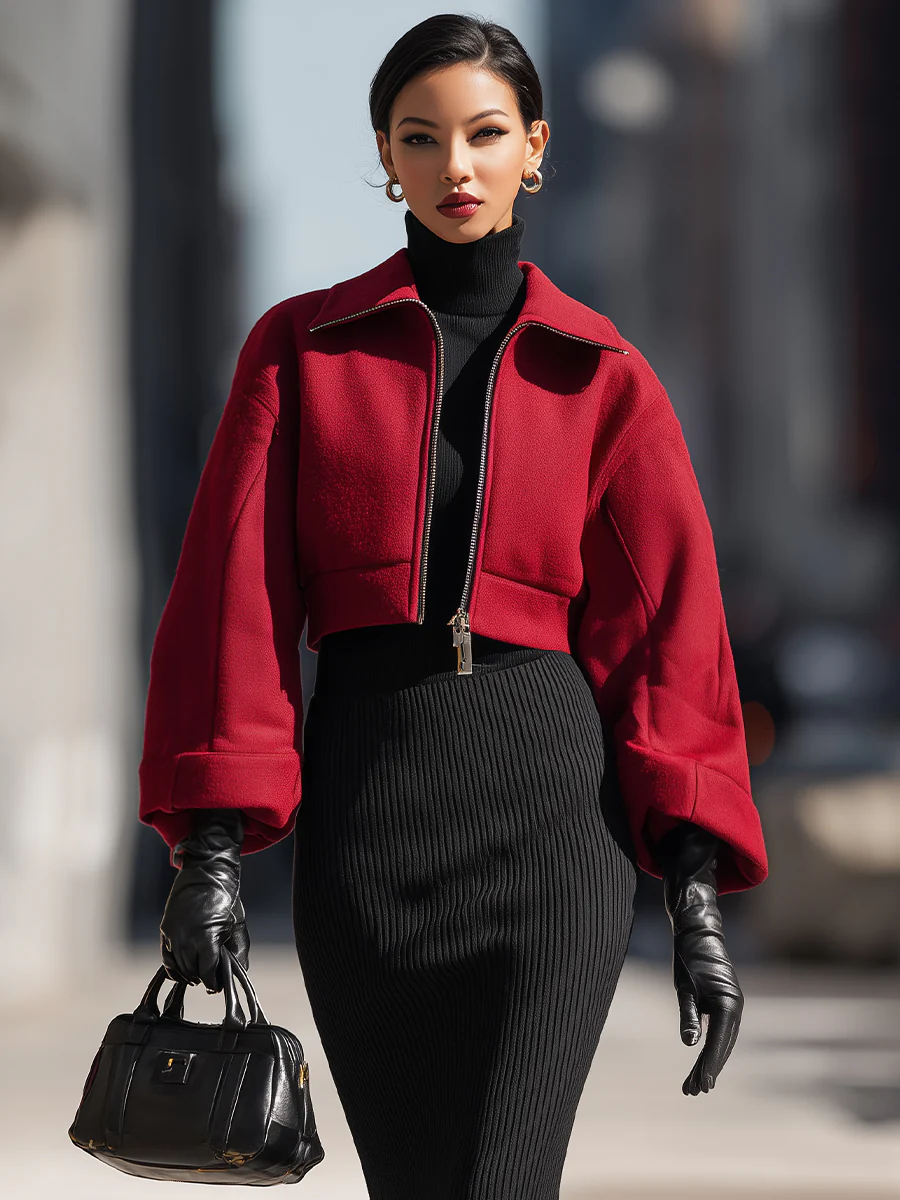 Red Cropped Wool Zip Jacket