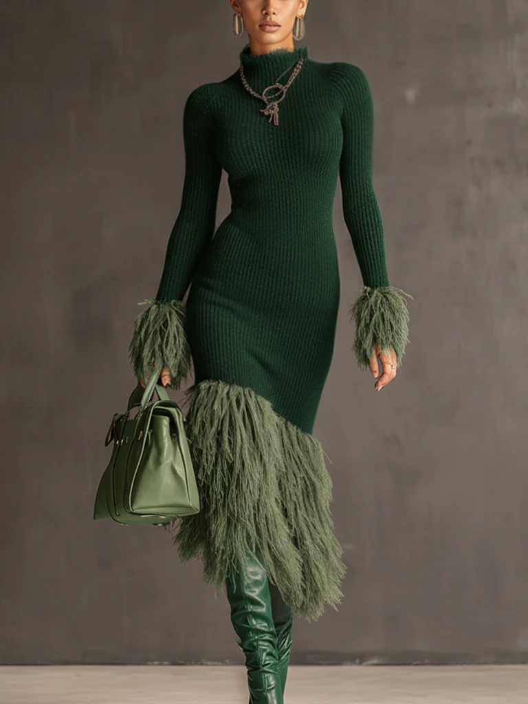 Emerald Knit Patchwork Eco Faux Fur Long Sleeve Bodycon Dress