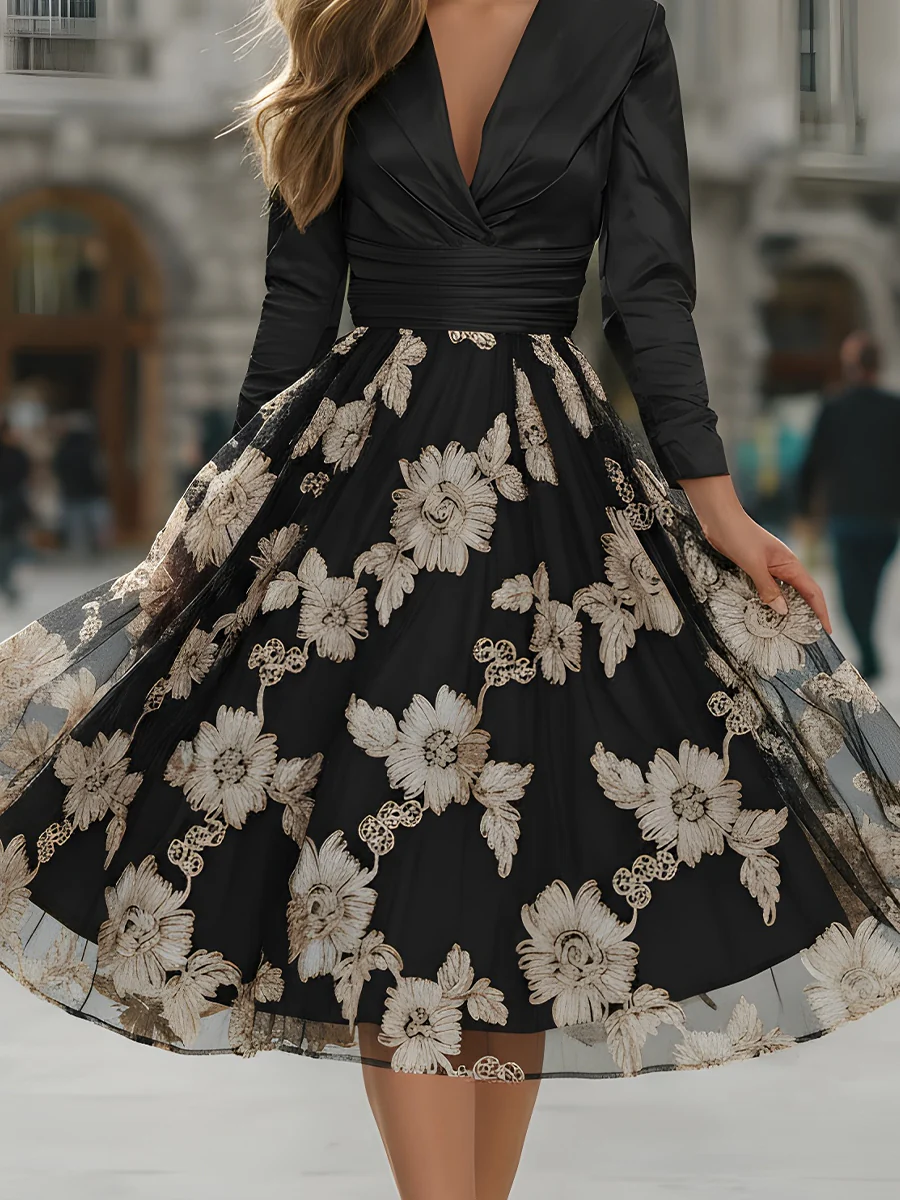 Black Embroidered Tulle Midi Dress