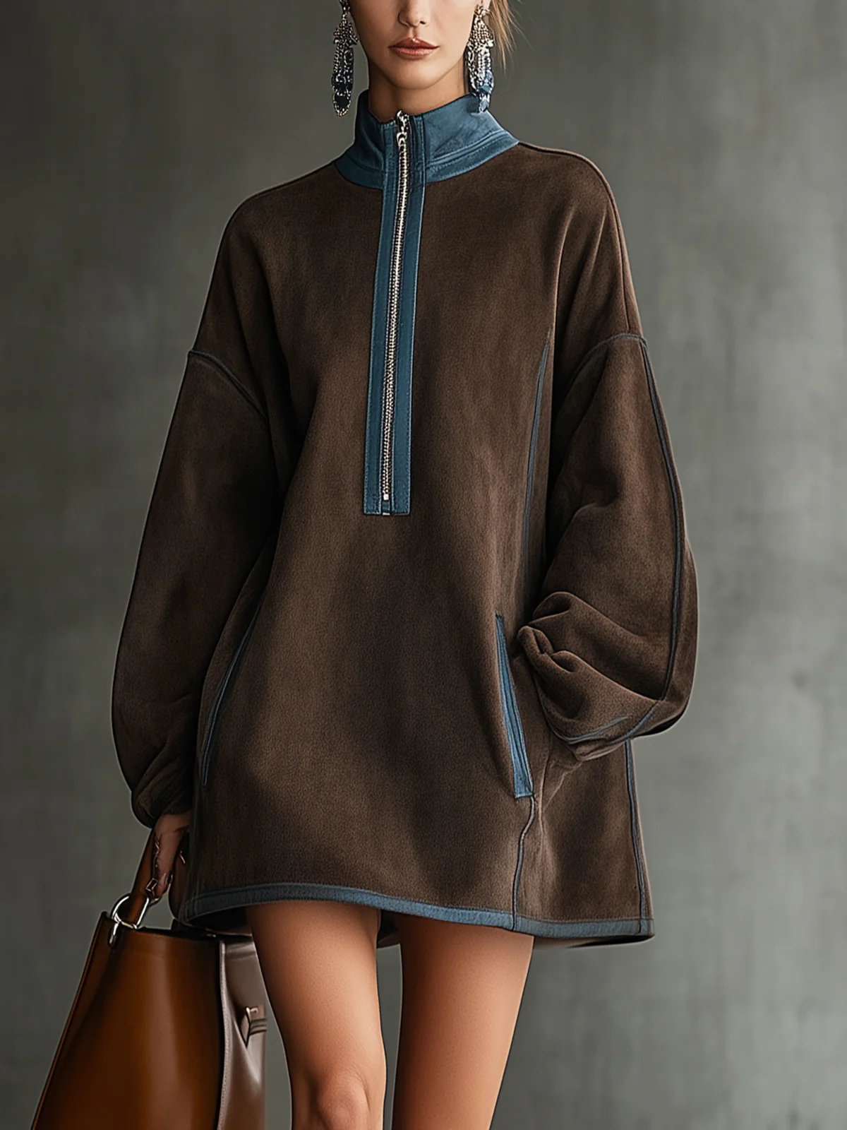 Brown Faux Suede Fleece High-Neck Zip-Up Oversized Mini Dress