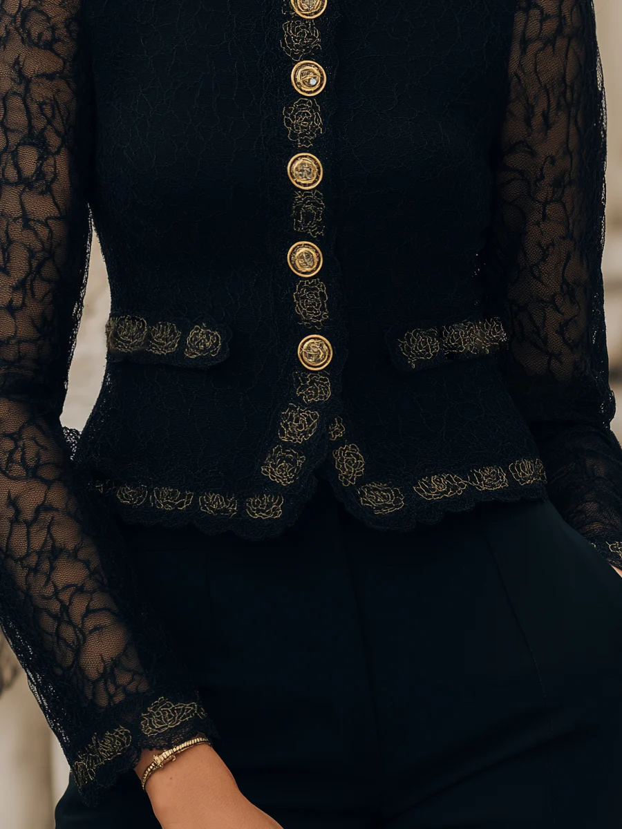 Lace Stand Collar Blazer With Buttons Front