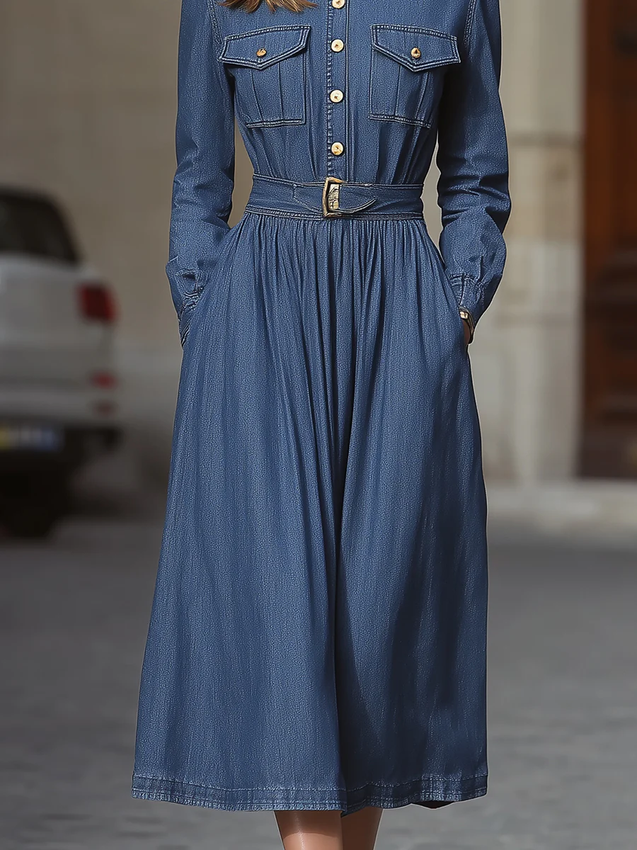 Denim Belted Midi Shirt Dress