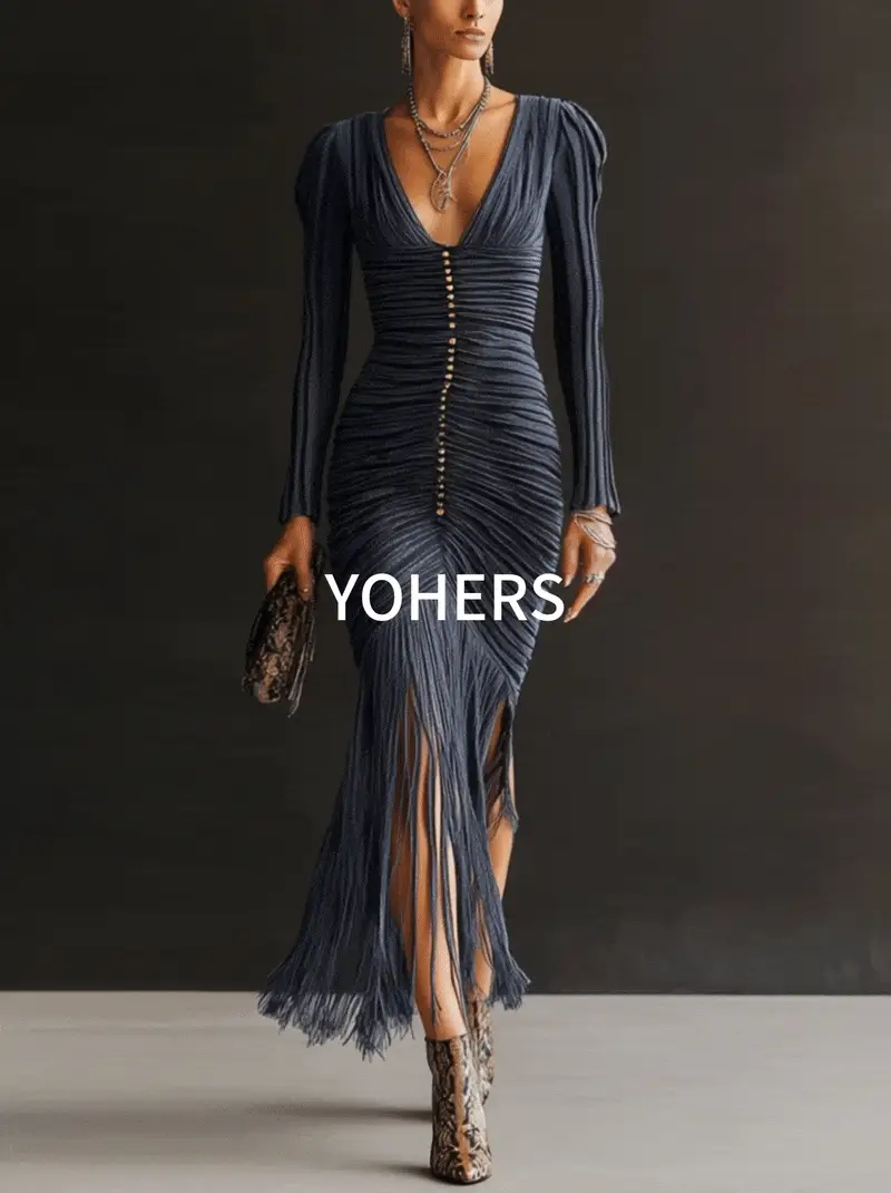 Midnight Ruched Fringe Knit V-Neck Bodycon Dress