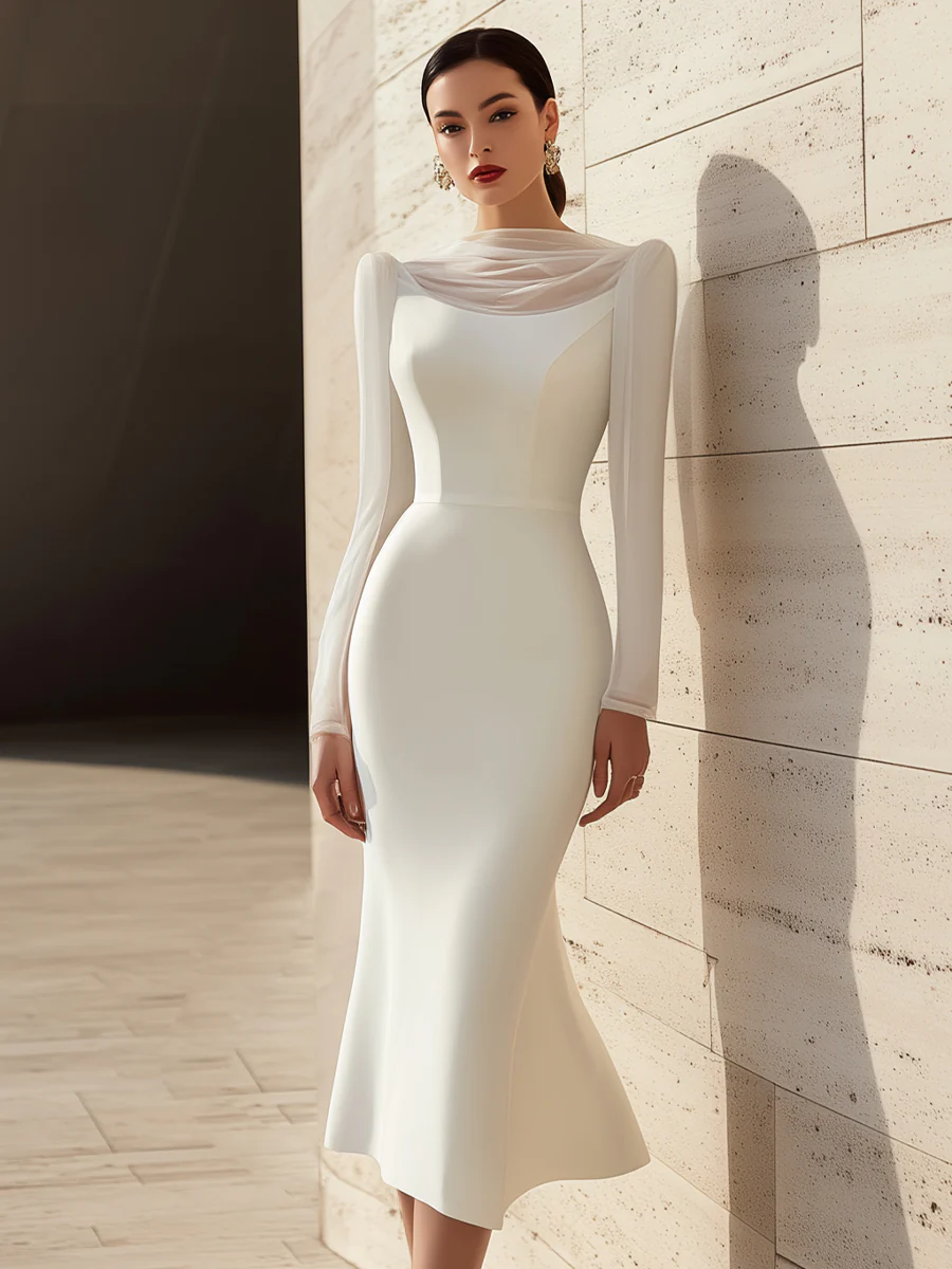 White Sheer Neck Detail Fitted Midi Dress